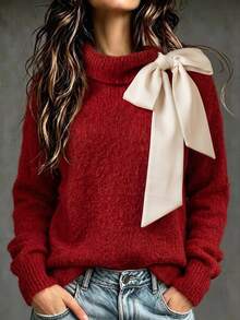 SHEIN Autumn/Winter New French Elegant Style Folded Collar With 3D Ribbon Bow, Asymmetrical Hem Loose Fit Slimming Long Sleeve Sweater - Grey - View 3
