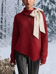 SHEIN Autumn/Winter New French Elegant Style Folded Collar With 3D Ribbon Bow, Asymmetrical Hem Loose Fit Slimming Long Sleeve Sweater - Grey - View 4