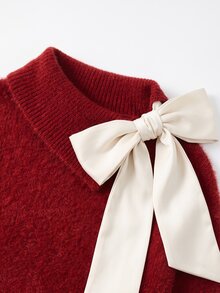 SHEIN Autumn/Winter New French Elegant Style Folded Collar With 3D Ribbon Bow, Asymmetrical Hem Loose Fit Slimming Long Sleeve Sweater - Grey - View 7