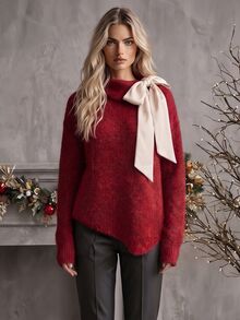 SHEIN Autumn/Winter New French Elegant Style Folded Collar With 3D Ribbon Bow, Asymmetrical Hem Loose Fit Slimming Long Sleeve Sweater - Grey - View 1