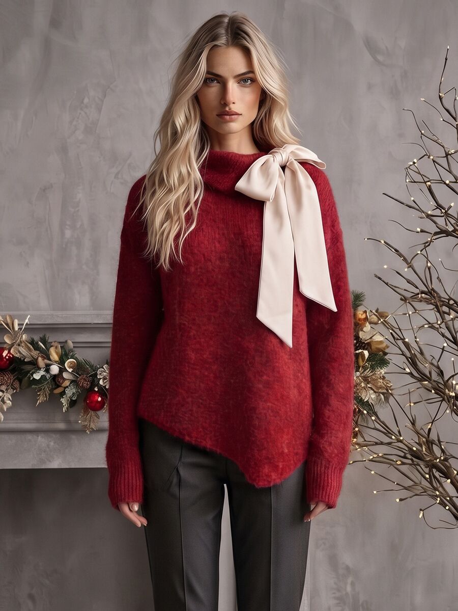 SHEIN Autumn/Winter New French Elegant Style Folded Collar With 3D Ribbon Bow, Asymmetrical Hem Loose Fit Slimming Long Sleeve Sweater - Grey - View 1