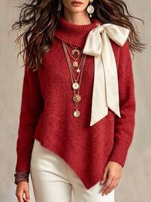 SHEIN Autumn/Winter New French Elegant Style Folded Collar With 3D Ribbon Bow, Asymmetrical Hem Loose Fit Slimming Long Sleeve Sweater - Grey - View 6
