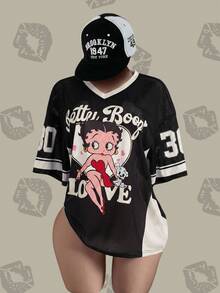 Betty Boop x SHEIN Plus Size Women Cartoon Print V-Neck Drop Shoulder Casual Graphic Streetwear T-Shirt Day Time Black Summer - Black and White - View 3