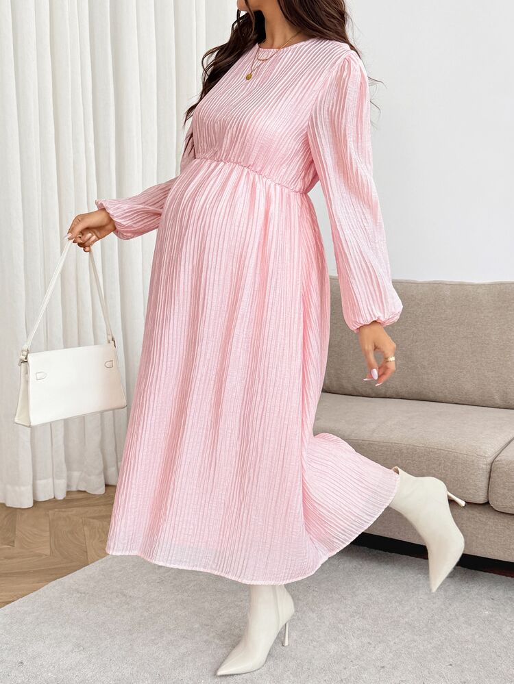 SHEIN Maternity Solid Color Round Neck Lantern Sleeve Elegant Dress Fall - Pink - View 10