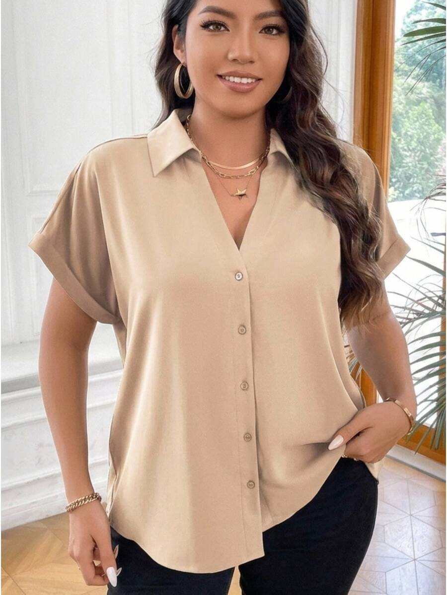 Vionelle Casual Modest Versatile Solid Color Plus Size Women Short Sleeve Blouse Office Khaki Summer - Khaki - View 1