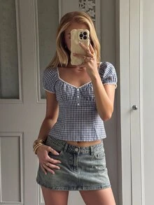 CovetEZ 女式海军蓝和白色格子编织衬衫 - 藏蓝色 - 查看 2