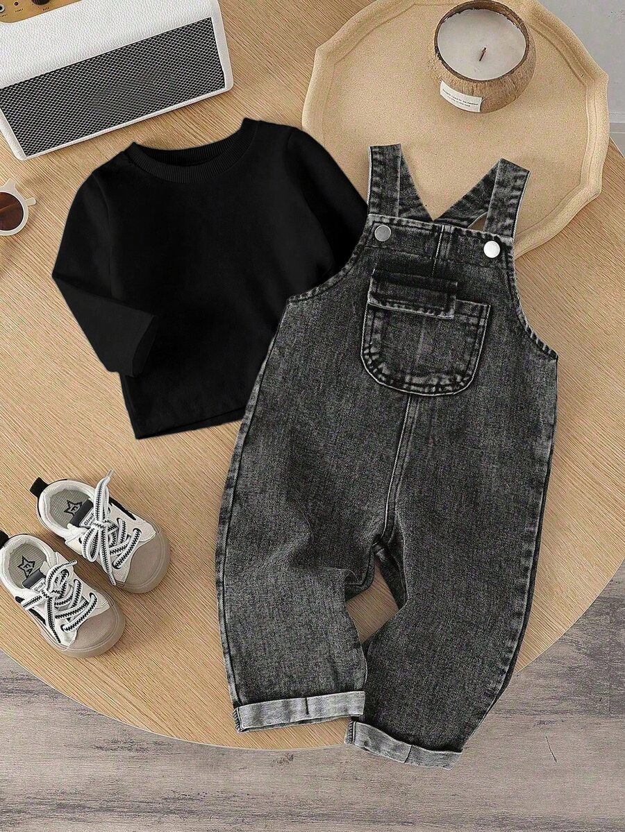 SHEIN Baby Boy Fashion Solid Color Round Neck Top And Casual Bib Pants 2-Piece Set Overall Vintage Overalls Boys Jeans Denim Outfit Autumn Fall