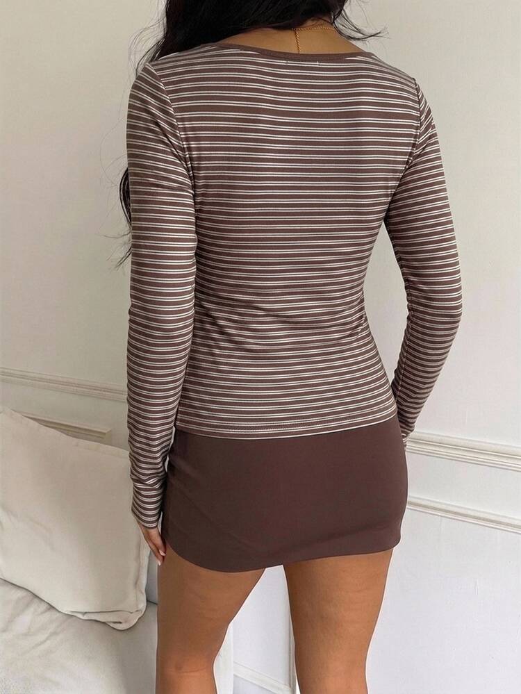 CovetEZ Casual Minimalist Sexy Off-Shoulder Brown Striped Long Sleeve T-Shirt, Suitable For Autumn/Winter, Autumn/Winter Clothing Outfit - Multicolor - View 3