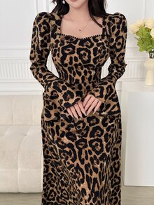 Feyla 女士时尚豹纹喇叭袖连衣裙秋季优雅女士连衣裙长款晚礼服 - 棕色 - 查看 4