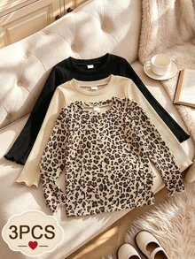 SHEIN 3件組少女圓領羅紋長袖T恤，純色黑、白、嬰兒粉印花基礎休閒上衣，荷葉邊袖口柔軟彈性秋季T恤 - 彩色 - 查看 1