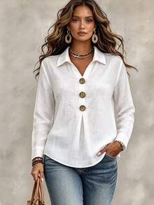 Linhara CURVE Plus Size Elegant Commuter Style Long Sleeve Shirt With Turn-Down Collar And Natural Coconut Buttons Fall - White - View 1