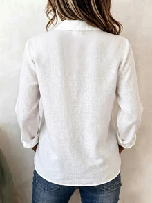 Linhara CURVE Plus Size Elegant Commuter Style Long Sleeve Shirt With Turn-Down Collar And Natural Coconut Buttons Fall - White - View 2