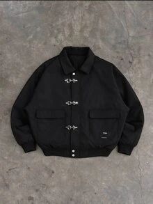 SUMWON Solid Bomber Jacket With Silver Clip Buckle Closure Point Collar Patch Pockets And Ribbed Hem Streetwear Outerwear - Black - View 1
