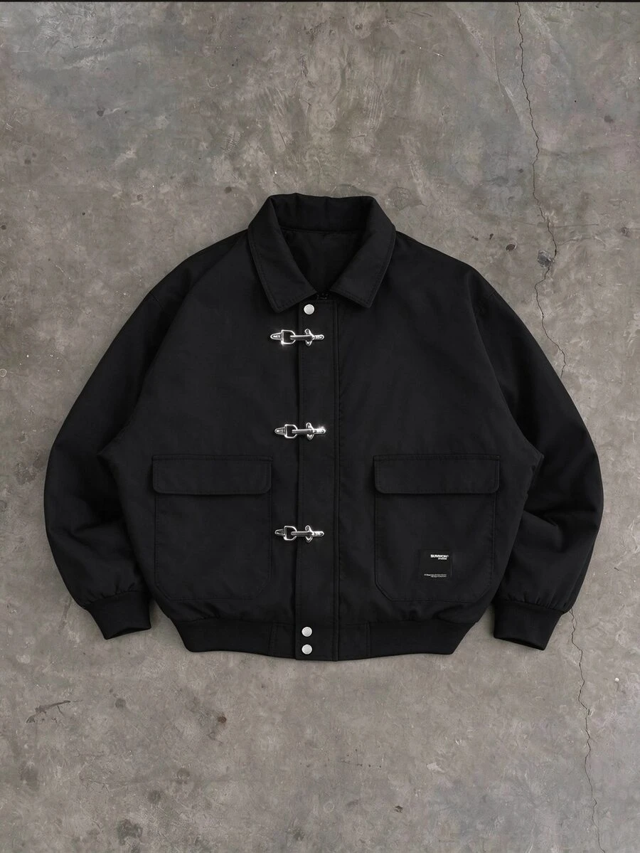 SUMWON Solid Bomber Jacket With Silver Clip Buckle Closure Point Collar Patch Pockets And Ribbed Hem Streetwear Outerwear - Black - View 1