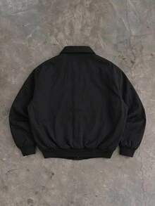 SUMWON Solid Bomber Jacket With Silver Clip Buckle Closure Point Collar Patch Pockets And Ribbed Hem Streetwear Outerwear - Black - View 3
