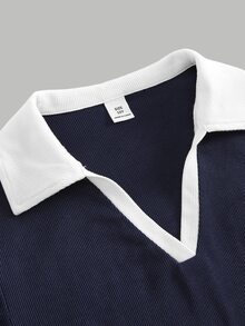SHEIN 青少年女孩春夏皇家藍與白色拼接小Logo刺繡 Polo領修身短袖抓皺腰針織簡約學院風兩件套 - 藍白色 - 查看 5