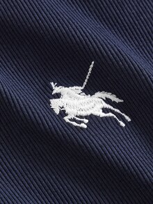 SHEIN 青少年女孩春夏皇家藍與白色拼接小Logo刺繡 Polo領修身短袖抓皺腰針織簡約學院風兩件套 - 藍白色 - 查看 4