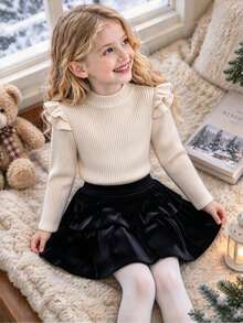 SHEIN طقم تي شيرت وتنورة كاجوال لطيف بأسلوب كاوبوي متعدد الاستخدامات للفتيات المراهقات، ملابس علوية بيج بسيطة مضلعة بأكمام طويلة مع كشكشة متطايرة، وتنورة كيك متعددة الطبقات من المخمل الأسود - كاكي - مشاهدة 8
