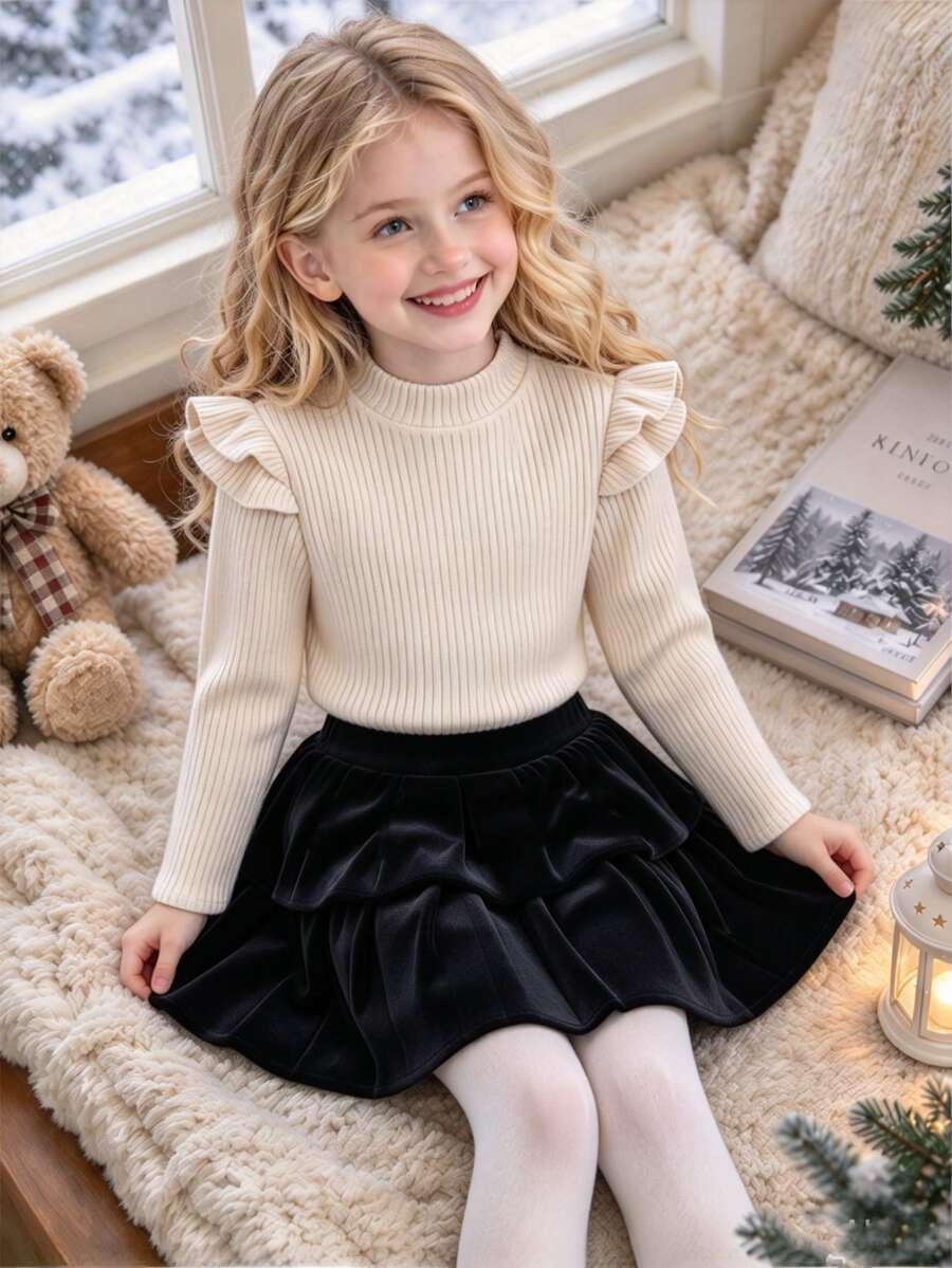 SHEIN Tween Girls Casual Cute Cowgirl Versatile Long Sleeve T-Shirt Skirt Set, Simple Beige Ribbed Top Flutter Ruffle, Black Velvet Multi-Layer Cake Skirt - Khaki - View 1