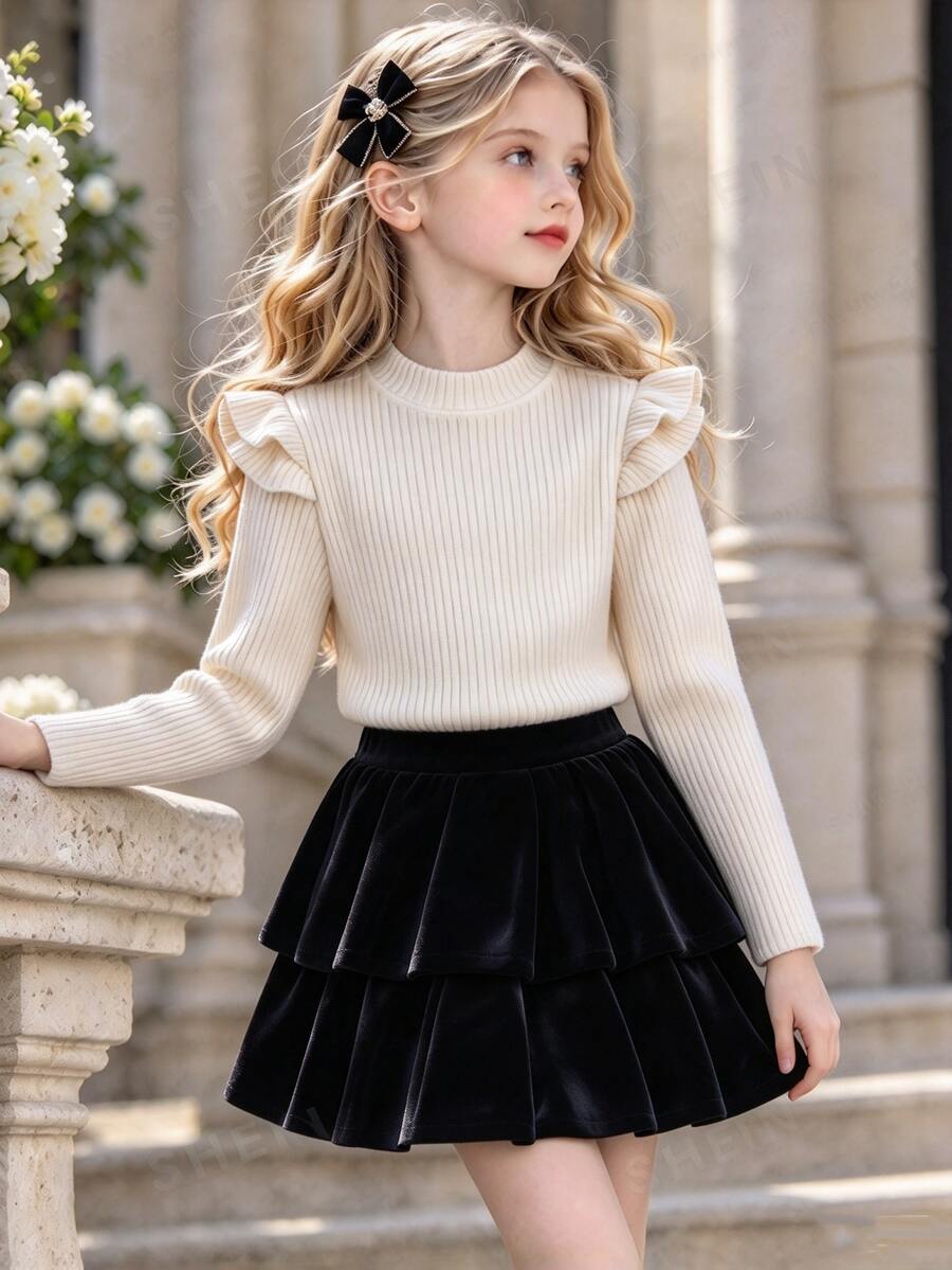 SHEIN طقم تي شيرت وتنورة كاجوال لطيف بأسلوب كاوبوي متعدد الاستخدامات للفتيات المراهقات، ملابس علوية بيج بسيطة مضلعة بأكمام طويلة مع كشكشة متطايرة، وتنورة كيك متعددة الطبقات من المخمل الأسود - كاكي - مشاهدة 1