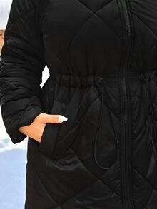 SHEIN EZwear Plus Size Women's Solid Color Drawstring Waist All-Match Minimalist Casual Versatile Thick Jacket Winter - Black - View 4