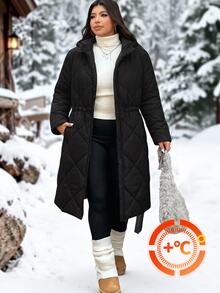 SHEIN EZwear Plus Size Women's Solid Color Drawstring Waist All-Match Minimalist Casual Versatile Thick Jacket Winter - Black - View 3