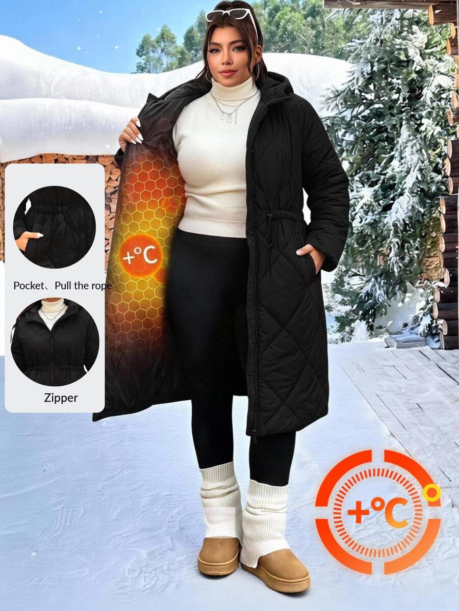 SHEIN EZwear Plus Size Women's Solid Color Drawstring Waist All-Match Minimalist Casual Versatile Thick Jacket Winter - Black - View 1