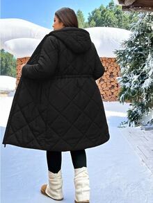 SHEIN EZwear Plus Size Women's Solid Color Drawstring Waist All-Match Minimalist Casual Versatile Thick Jacket Winter - Black - View 2