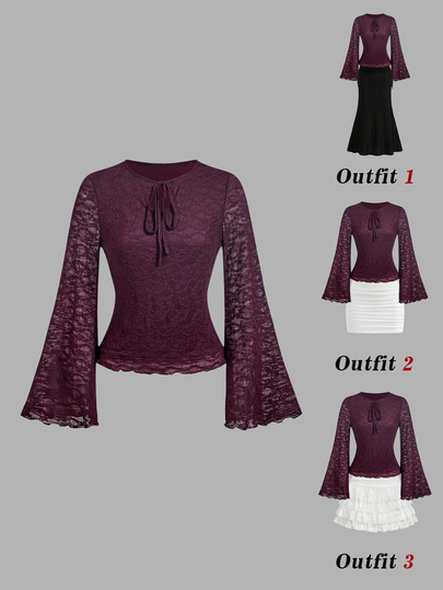 SHEIN MOD Women's Sheer Lace Bell Sleeve Top With Tie Front Detail Romantic Blouse,Boho Women's Clothing Tops,Lace Tops For Women,Purple Lace Top