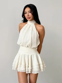 SHEIN PETITE 女款白色綁帶荷葉邊分層迷你洋裝，白色洋裝，生日洋裝，婚禮季洋裝，返校洋裝，春/夏，女款夏季洋裝，小個子女性 - 白色 - 查看 3