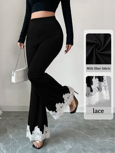 Elenzga Fall/ Petite Women's Maillard Satin Wide Leg Pants, Elastic Waist Lace Trim Draped Long Pants For Holiday Party Night Atmosphere Black Sexy