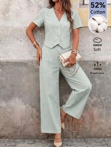 Editum Women's Summer Elegant Business Casual Commute Green And White Striped Top And Pants 2 Pieces Set Office - Mint Green - View 7