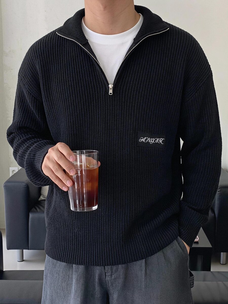 Manfinity Homme 秋冬新款半開領麻花編織扭繩拉鍊長袖套頭衫,外出必備,適合正式晚宴派對,Ins風 - 黑色 - 查看 1