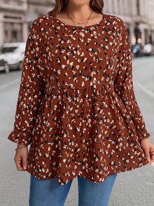 EMERY ROSE Plus Size Women Allover Print Round Neck Bell Sleeve Loose Babydoll Shirt, Autumn Red Leopard Print Casual Boho Bohemian Vacation Formal Vacation Fall - Rust Brown - View 4