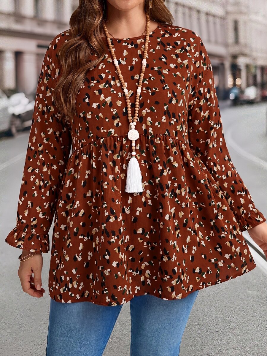 EMERY ROSE Plus Size Women Allover Print Round Neck Bell Sleeve Loose Babydoll Shirt, Autumn Red Leopard Print Casual Boho Bohemian Vacation Formal Vacation Fall - Rust Brown - View 1