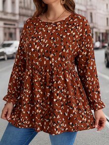 EMERY ROSE Plus Size Women Allover Print Round Neck Bell Sleeve Loose Babydoll Shirt, Autumn Red Leopard Print Casual Boho Bohemian Vacation Formal Vacation Fall - Rust Brown - View 3