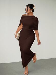 Firerie Plus Size Elegant Romantic Ruffle Asymmetric Waist Fitted Dress, Comfortable Casual New Style For Spring/Summer - Brown - View 7