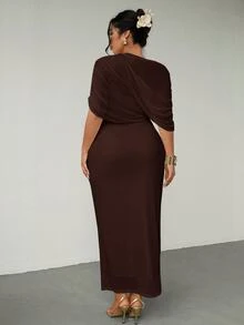 Firerie Plus Size Elegant Romantic Ruffle Asymmetric Waist Fitted Dress, Comfortable Casual New Style For Spring/Summer - Brown - View 3