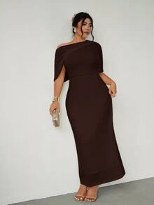 Firerie Plus Size Elegant Romantic Ruffle Asymmetric Waist Fitted Dress, Comfortable Casual New Style For Spring/Summer - Brown - View 5