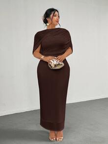 Firerie Plus Size Elegant Romantic Ruffle Asymmetric Waist Fitted Dress, Comfortable Casual New Style For Spring/Summer - Brown - View 2