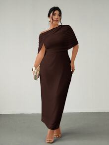 Firerie Plus Size Elegant Romantic Ruffle Asymmetric Waist Fitted Dress, Comfortable Casual New Style For Spring/Summer - Brown - View 8