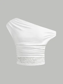 SHEIN Tween Girls' Spring/Summer New White Knit Contrast Lace Elegant Casual Minimalist Asymmetric Ruched Cropped Top,Suitable For Stylish Outfit - White - View 1