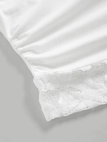 SHEIN Tween Girls' Spring/Summer New White Knit Contrast Lace Elegant Casual Minimalist Asymmetric Ruched Cropped Top,Suitable For Stylish Outfit - White - View 5