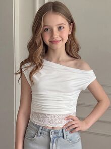 SHEIN Tween Girls' Spring/Summer New White Knit Contrast Lace Elegant Casual Minimalist Asymmetric Ruched Cropped Top,Suitable For Stylish Outfit - White - View 3