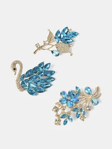 Aravennia Bộ 3 ghim cài áo pha lê thời trang thanh lịch, thiết kế hoa và thiên nga sang trọng, phù hợp - Màu xanh lam - Xem 4