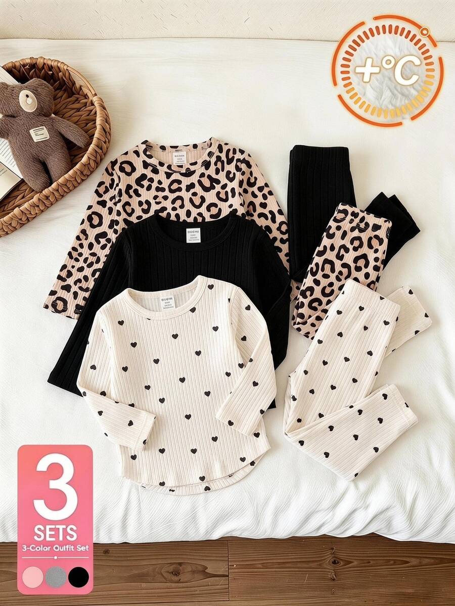SHEIN 3Pcs Toddler Girl Shirts Cute Beige Black Leopard Heart Print Rib Long Sleeve Round Neck Regular Birthday Party Fall Holiday Pullover Tops - Multicolor - View 1