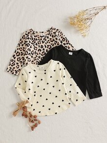 SHEIN 3Pcs Toddler Girl Shirts Cute Beige Black Leopard Heart Print Rib Long Sleeve Round Neck Regular Birthday Party Fall Holiday Pullover Tops - Multicolor - View 5