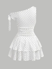 Girlism Kids Teen Girls White Knit Polka Dot Print Dress With Metallic Flower Decor,Ruffle Shoulder&Hem,Fashionable Mini Short Built-In Shorts Picnic - White - View 2