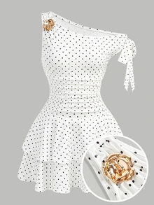 Girlism Kids Teen Girls White Knit Polka Dot Print Dress With Metallic Flower Decor,Ruffle Shoulder&Hem,Fashionable Mini Short Built-In Shorts Picnic - White - View 1