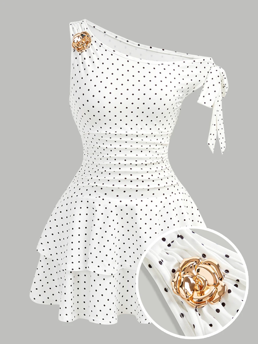 Girlism Kids Teen Girls White Knit Polka Dot Print Dress With Metallic Flower Decor,Ruffle Shoulder&Hem,Fashionable Mini Short Built-In Shorts Picnic - White - View 1